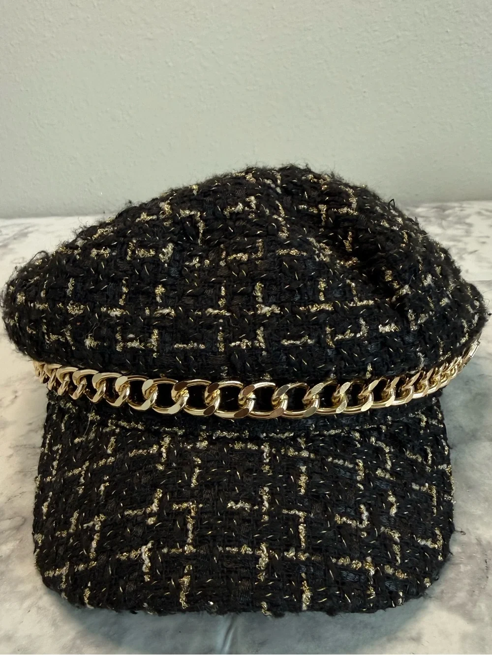 Vintage Y2K Juicy Couture Black Tweed Newsboy Cap with Gold Chain Accent